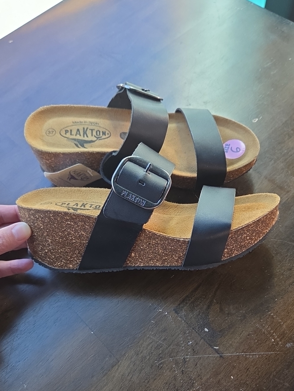 Plakton Size 6 Women's Black Cork Wedge Slide Sandals with Buckle NEW